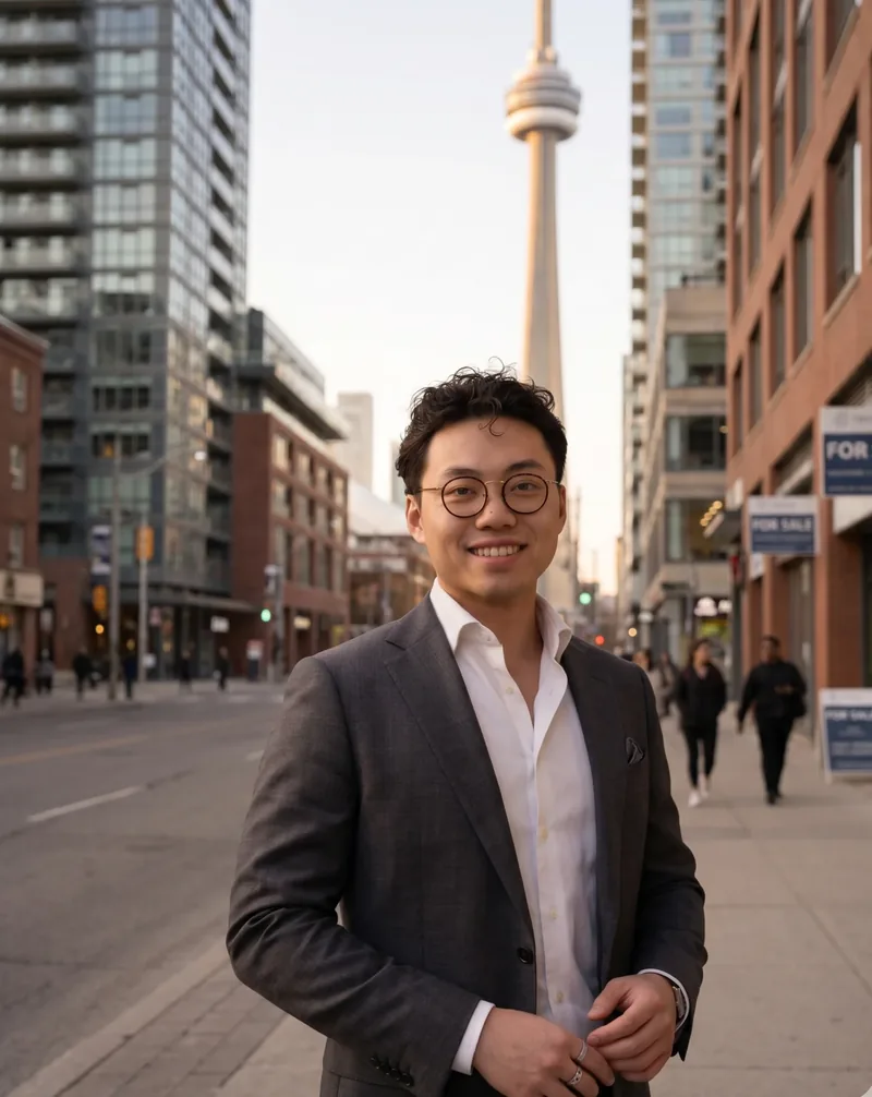 Peter Law, Toronto real estate agent, on a downtown street with the CN Tower behind.